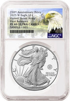2025 W proof American Silver Eagle with US Army 250th anniversary privy graded by NGC with the eagle mountain label.