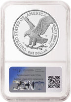 Reverse side of an NGC graded proof American eagle silver dollar with West Point mint mark.