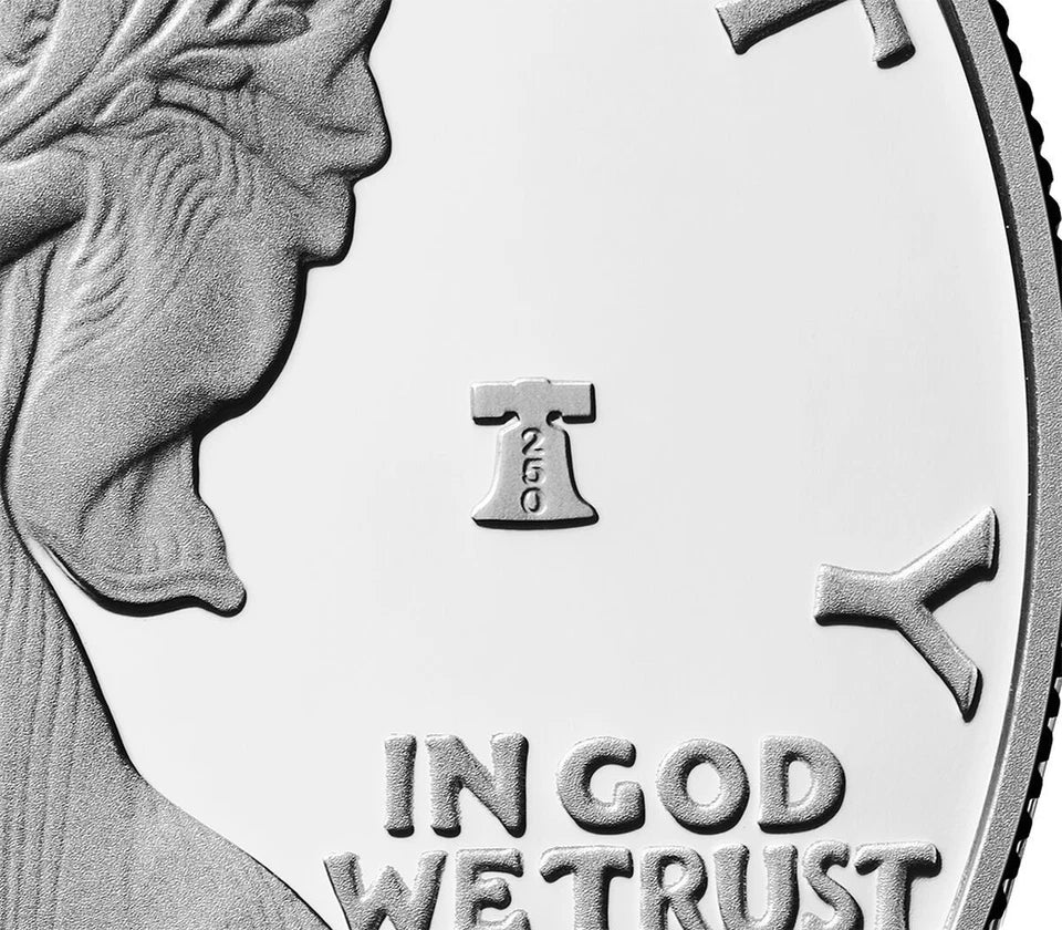 Close up of the American eagle silver dollar featuring the 250 Liberty Bell privy mark.