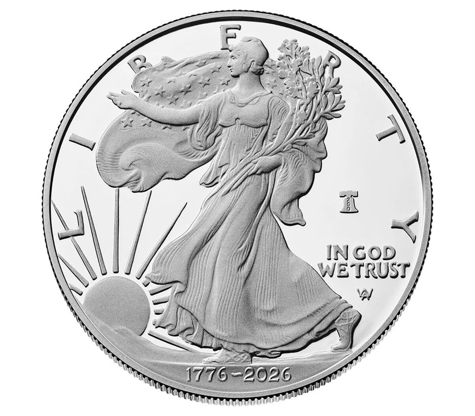 An American Silver Eagle coin featuring Walking Liberty with the 250th Anniversary Liberty Bell privy, dual dates of 1776-2026, and the inscriptions "LIBERTY" and "IN GOD WE TRUST."