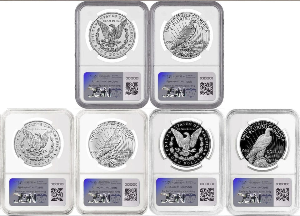 Reverse side of three two-coin sets of Morgan and Peace silver dollars, proof, uncirculated, and reverse proof, all graded by NGC.