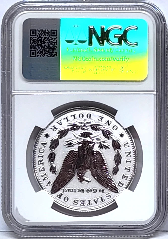 Reverse side of reverse proof Morgan silver dollar in NGC slab