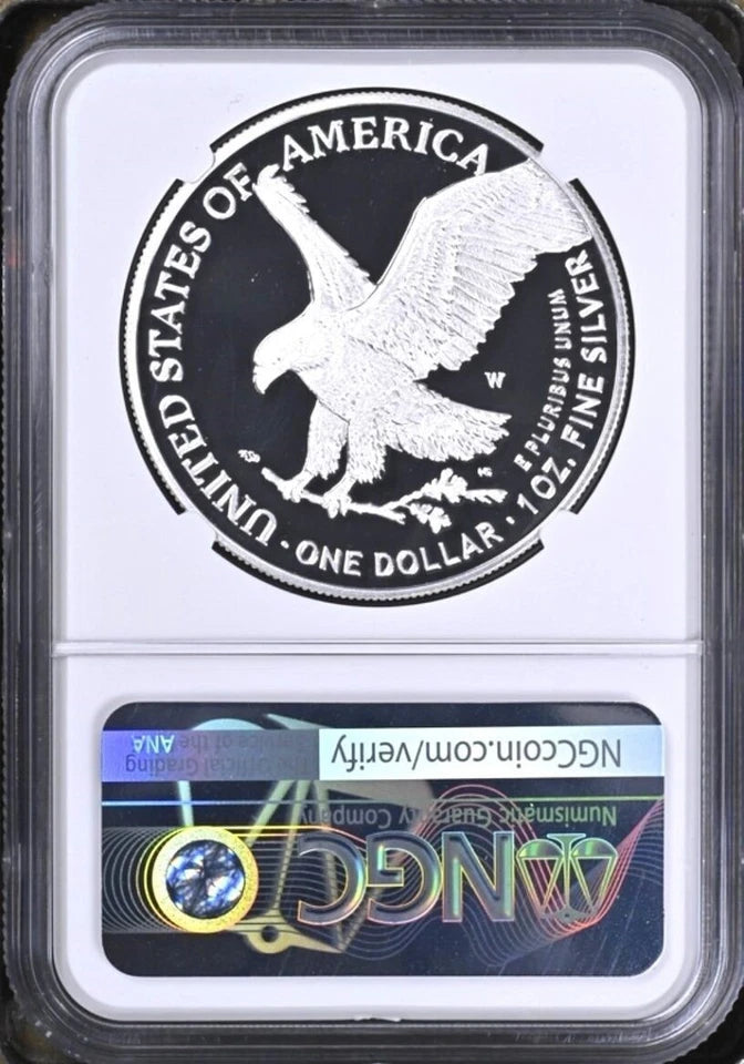 Reverse side of an NGC graded proof American silver eagle with West Point mint mark.