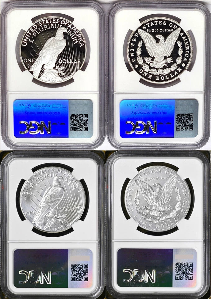 Reverse side of two two-coin sets of Morgan and Peace silver dollars, proof and uncirculated, all graded by NGC.
