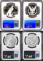 Reverse side of two two-coin sets of Morgan and Peace silver dollars, proof and uncirculated, all graded by NGC.