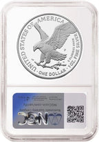 Reverse side of proof American eagle silver dollar with Philadelphia mint mark in NGC slab.