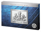 Outer box of the 2023 United States Mint Proof Set featuring a textured blue background and a central silver panel displaying a torch flanked by leafy branches. Text reads 'UNITED STATES MINT' and '2023 PROOF SET,' with the U.S. Treasury seal in the bottom right.