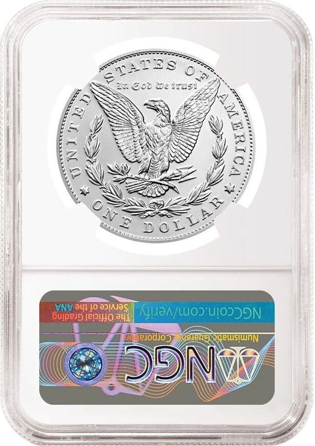 Reverse side of NGC graded uncirculated Morgan silver dollar.