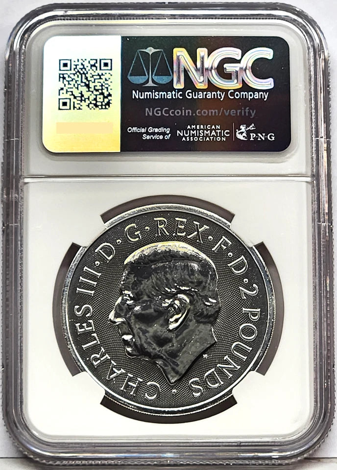 Obverse side of an NGC graded silver Britannia and Liberty coin with King Charles III profile.