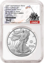 An NGC graded 2025 s proof American Eagle Silver Dollar with US Navy 250th anniversary privy with the Rhett Jeppson signature label.
