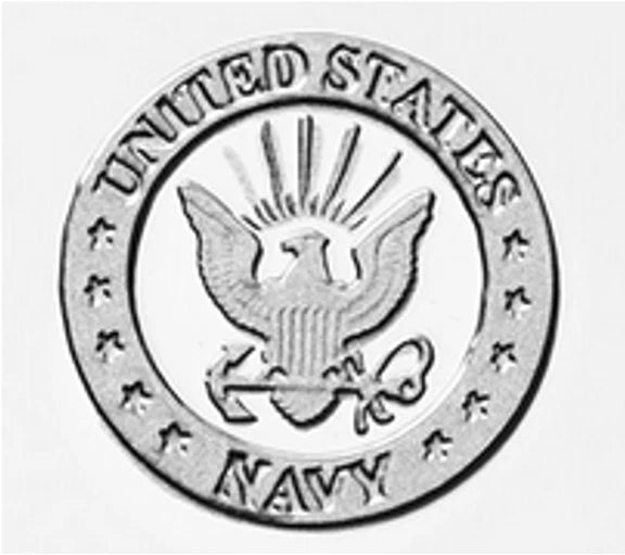 Close up of the commemorative privy mark honoring the US Navy 250th anniversary, consisting of a circular emblem that reads 'UNITED STATES NAVY' surrounding the Navy insignia.