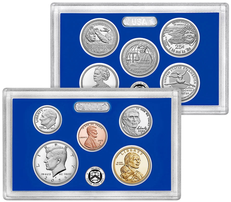 Two 2023 United States Mint Proof Sets in blue plastic cases. Top case features five American Women Quarters honoring Bessie Coleman, Edith Kanaka?ole, Eleanor Roosevelt, Jovita Idar, and Maria Tallchief. Bottom case includes standard 2023 coins: Lincoln penny, Jefferson nickel, Roosevelt dime, Washington quarter, Kennedy half dollar, and Native American dollar, each with polished proof finish and 'LIBERTY' and 'IN GOD WE TRUST' inscriptions.