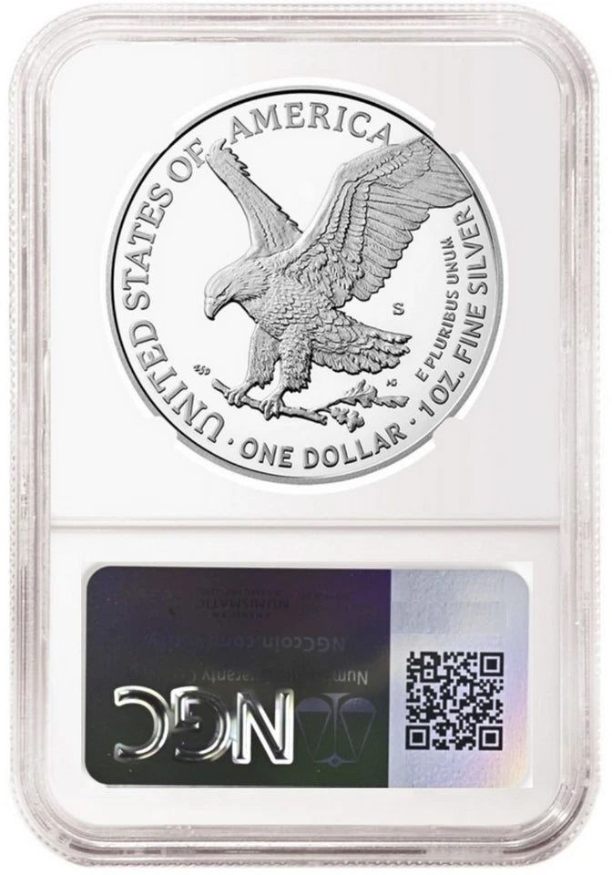 Reverse side of an NGC graded proof American eagle silver dollar with San Francisco mint mark.