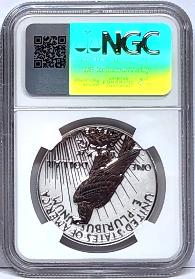 Reverse side of reverse proof peace silver dollar in NGC slab