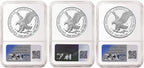 Reverse sides of three NGC graded proof American silver eagles, one with the West Point mint mark, one with the San Francisco mint mark, and one with the Philadelphia mint mark.