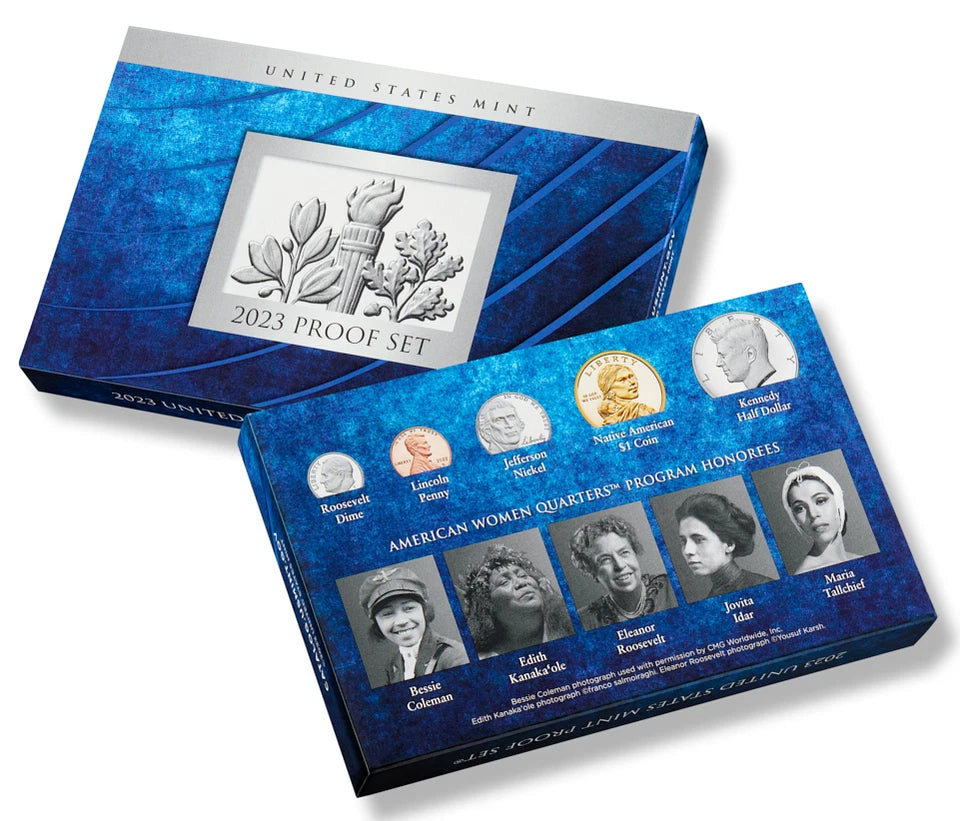 Packaging for the 2023 United States Mint Proof Set featuring two boxes. Top box displays a silver emblem with a torch and leaves, labeled '2023 PROOF SET' and 'UNITED STATES MINT.' Bottom box shows images of included coins—Roosevelt Dime, Lincoln Penny, Jefferson Nickel, Native American $1 Coin, and Kennedy Half Dollar—alongside portraits and names of five American Women Quarters honorees: Bessie Coleman, Edith Kanaka?ole, Eleanor Roosevelt, Jovita Idar, and Maria Tallchief.