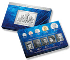 Packaging for the 2023 United States Mint Proof Set featuring two boxes. Top box displays a silver emblem with a torch and leaves, labeled '2023 PROOF SET' and 'UNITED STATES MINT.' Bottom box shows images of included coins—Roosevelt Dime, Lincoln Penny, Jefferson Nickel, Native American $1 Coin, and Kennedy Half Dollar—alongside portraits and names of five American Women Quarters honorees: Bessie Coleman, Edith Kanaka?ole, Eleanor Roosevelt, Jovita Idar, and Maria Tallchief.