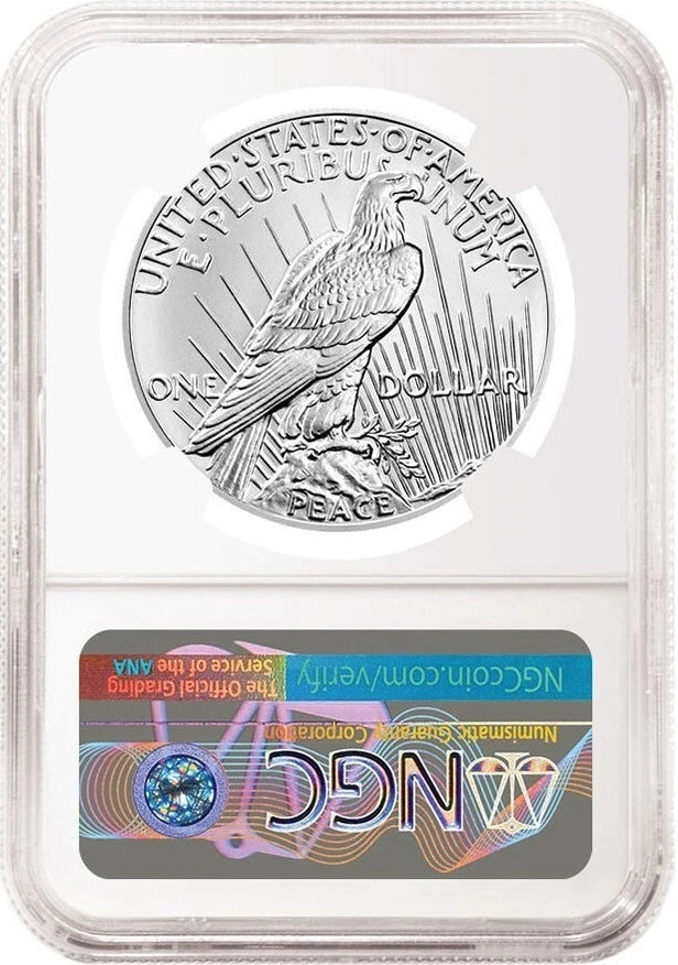 Reverse side of NGC graded uncirculated Peace silver dollar.