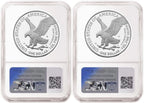 Reverse side of two NGC graded proof American eagle silver dollars, one with the San Francisco mint mark and one with the Philadelphia mint mark.