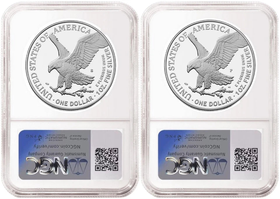 Reverse side of two NGC graded proof American eagle silver dollars, one with the San Francisco mint mark and one with the Philadelphia mint mark.