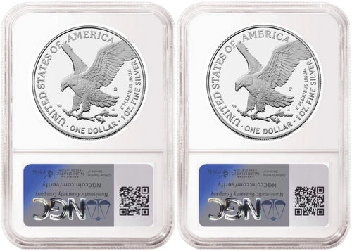 Reverse side of two NGC graded proof American eagle silver dollars, one with the San Francisco mint mark and one with the Philadelphia mint mark.