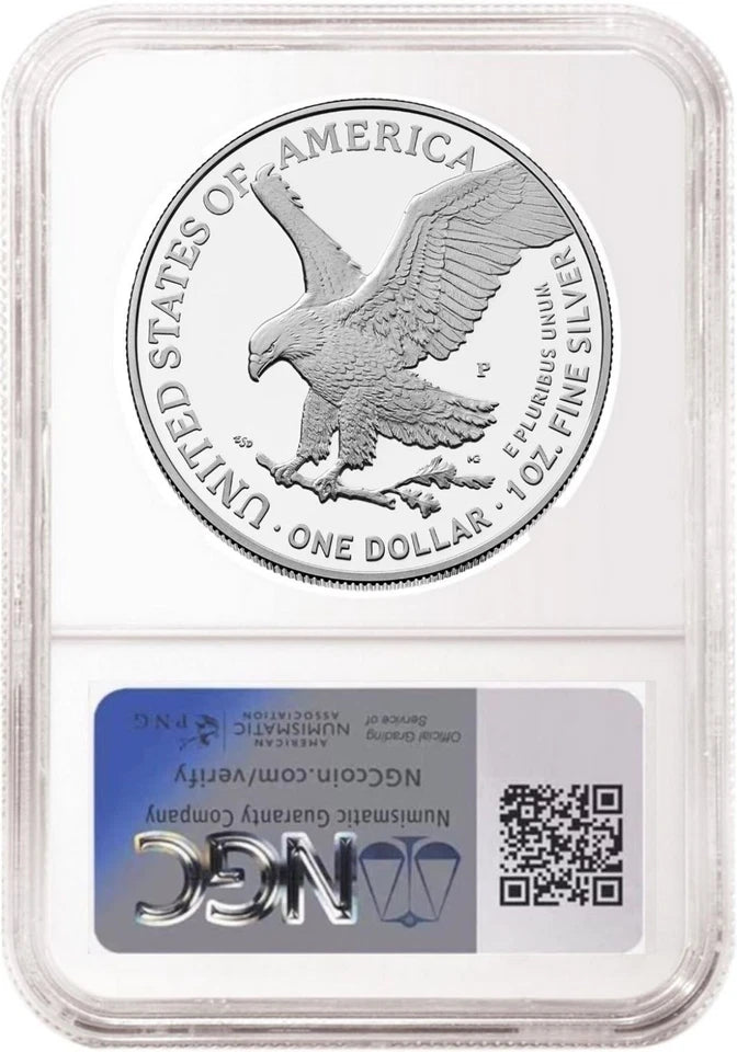 Reverse side of proof American eagle silver dollar with Philadelphia mint mark in NGC slab.