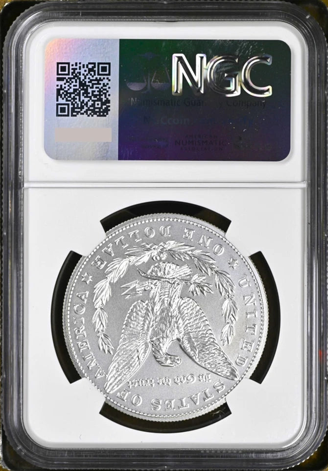 Reverse side of uncirculated Morgan silver dollar in NGC slab